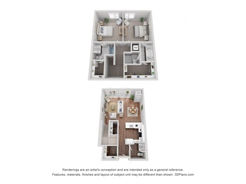 the C3 is 2 Bed, 2.5 Bath at 1,538 Sq. Ft.
From the entry door on the lower level, to the left is the kitchen, followed by the dining and living room leading to a patio. Upstairs, from the landing, to the left is one bedroom with an attached bath, and to the right is a second bedroom with ensuite bath and a large closet.